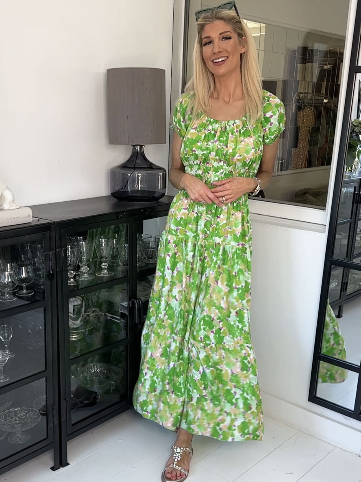 Finalia Art - Lång mångfärgad viskosklänning med resår i midjan